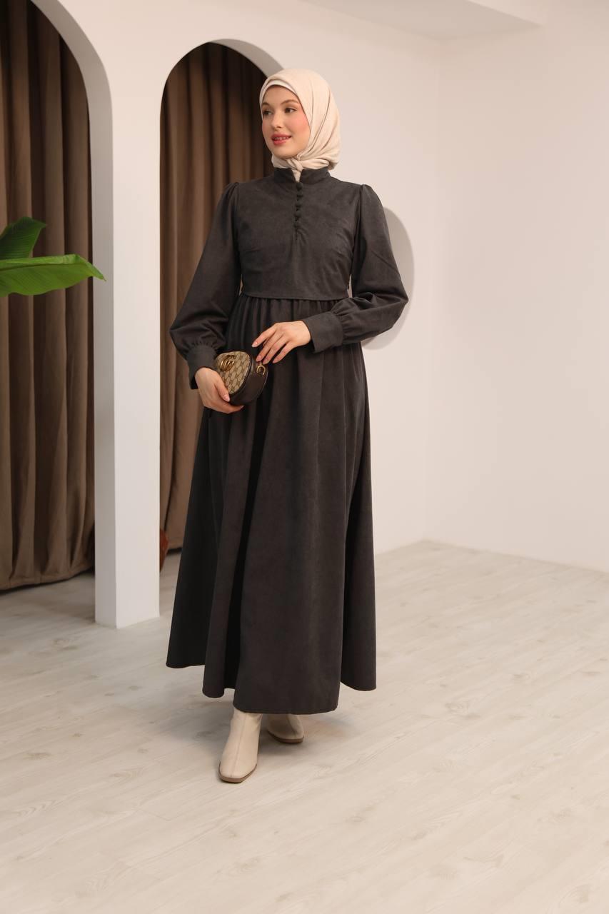 7072 Süet Düğmeli Elbise - Koyu Gri