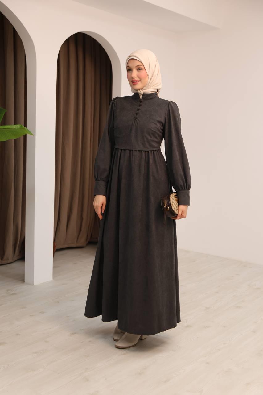 7072 Süet Düğmeli Elbise - Koyu Gri