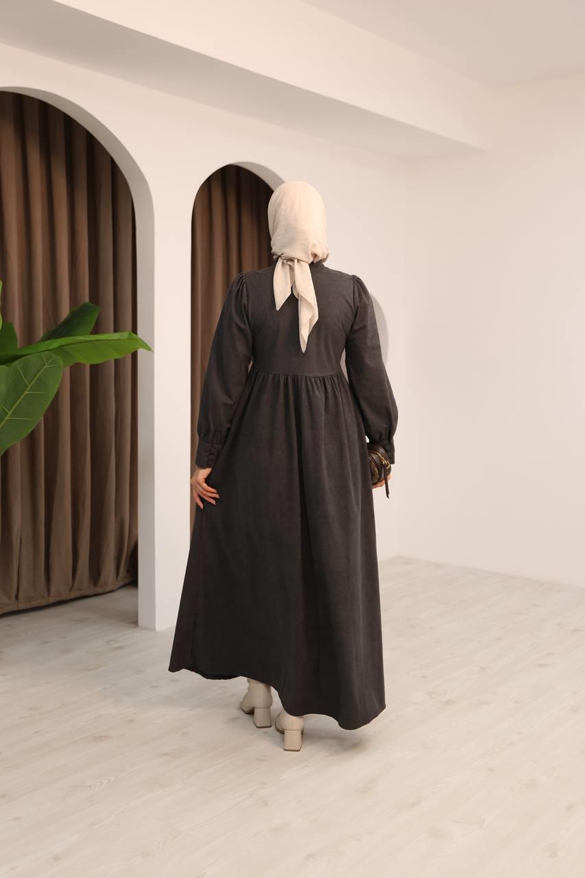 7072 Süet Düğmeli Elbise - Koyu Gri