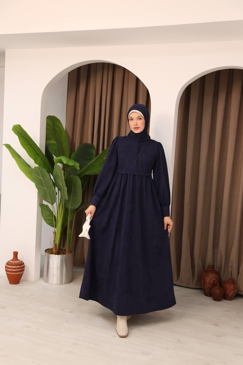 7072 Süet Düğmeli Elbise - Lacivert