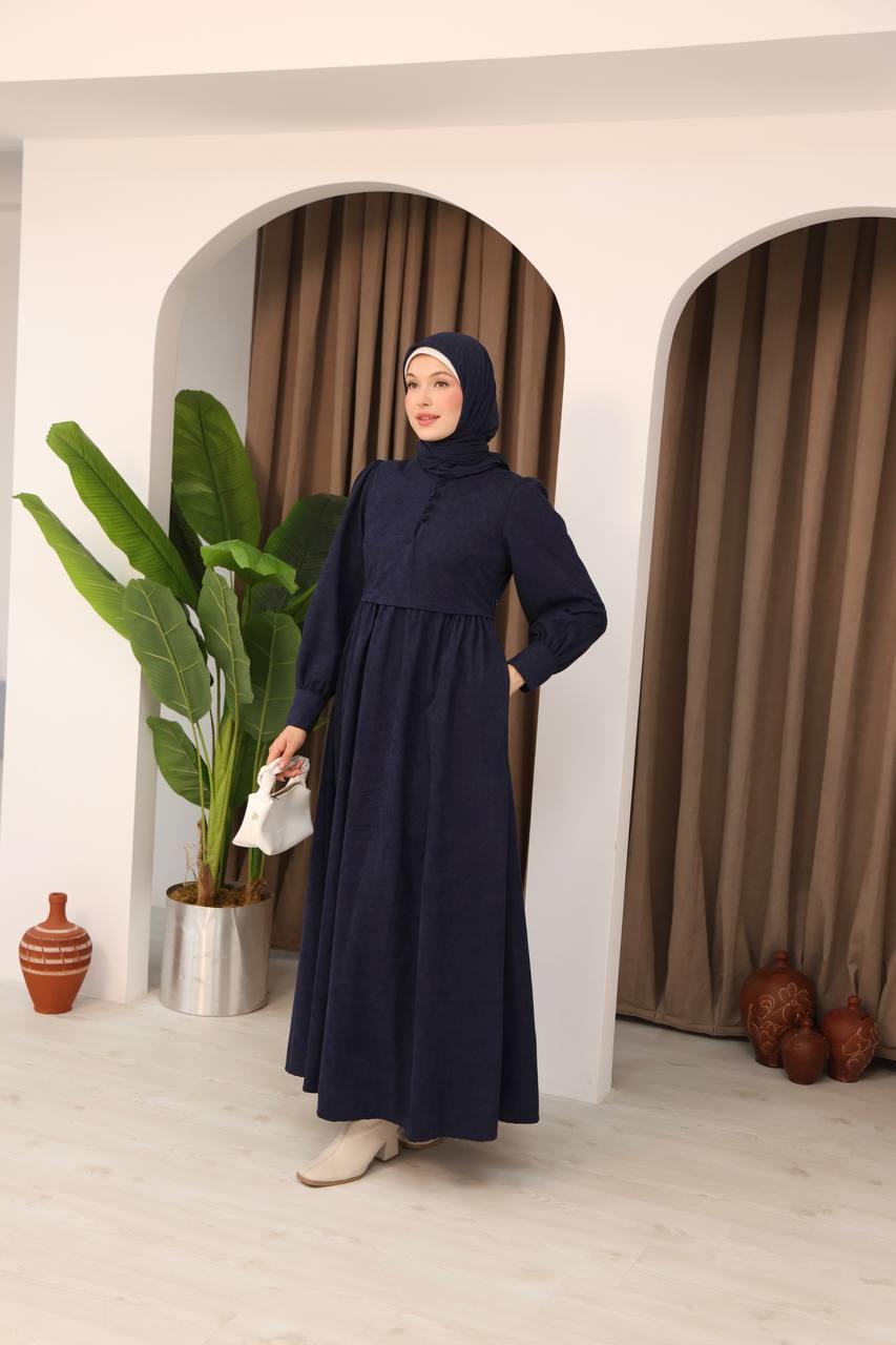 7072 Süet Düğmeli Elbise - Lacivert