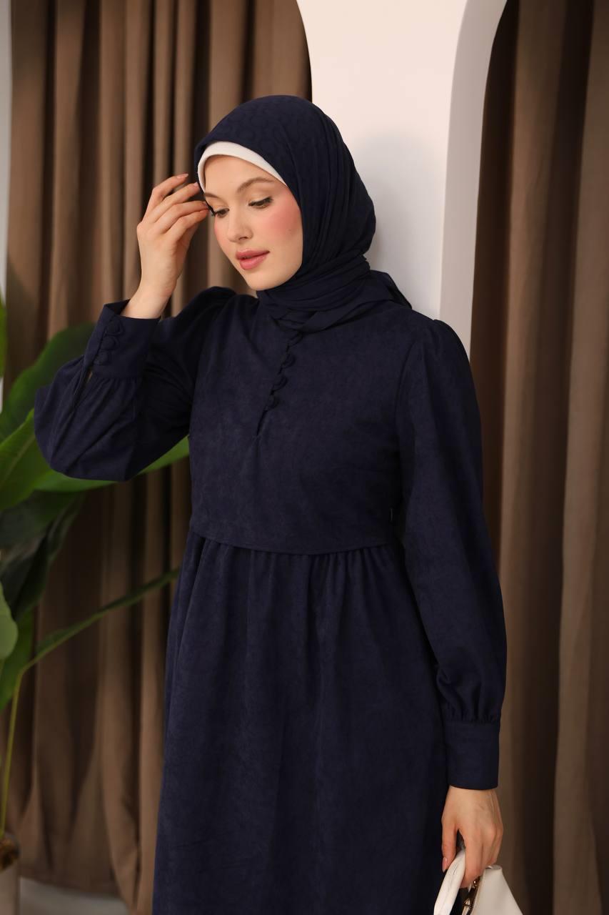 7072 Süet Düğmeli Elbise - Lacivert