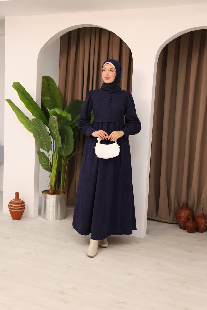 7072 Süet Düğmeli Elbise - Lacivert