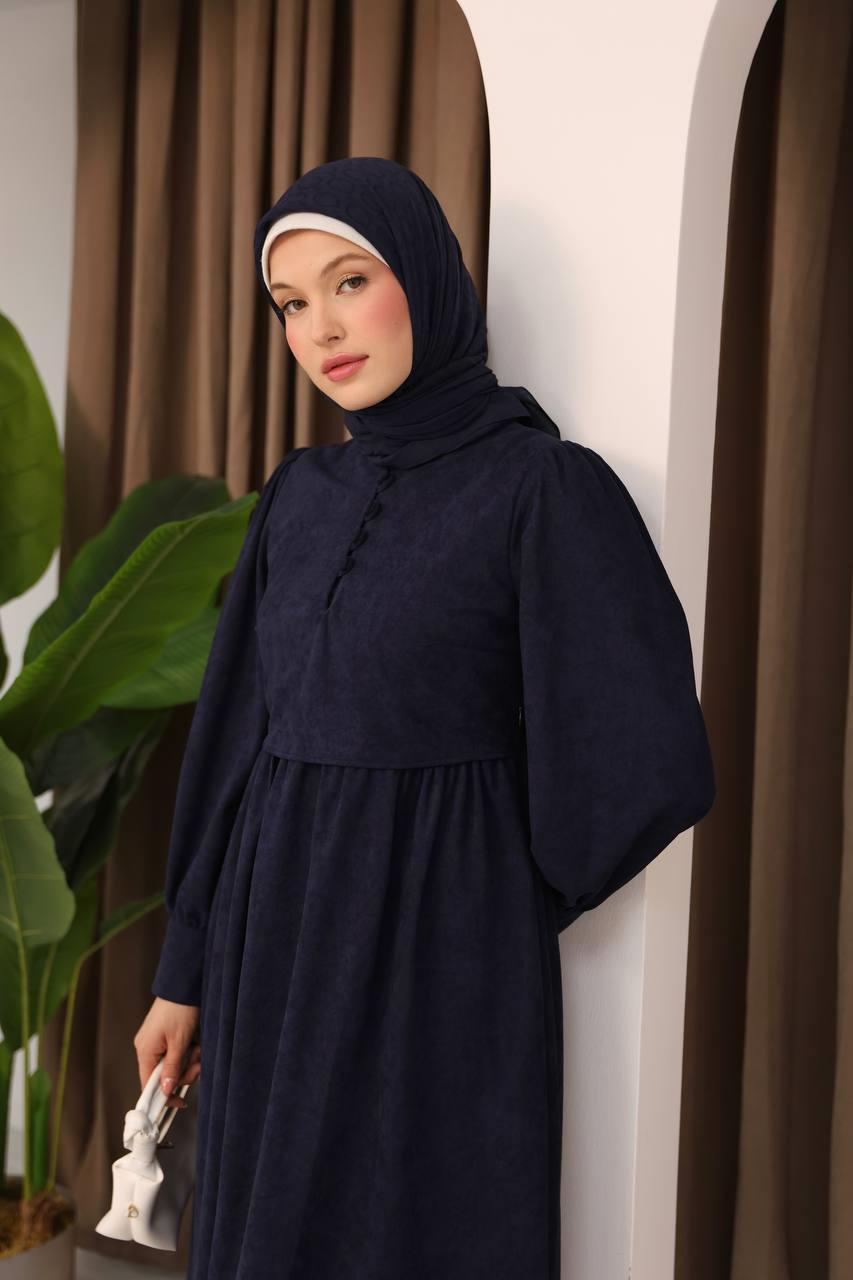 7072 Süet Düğmeli Elbise - Lacivert