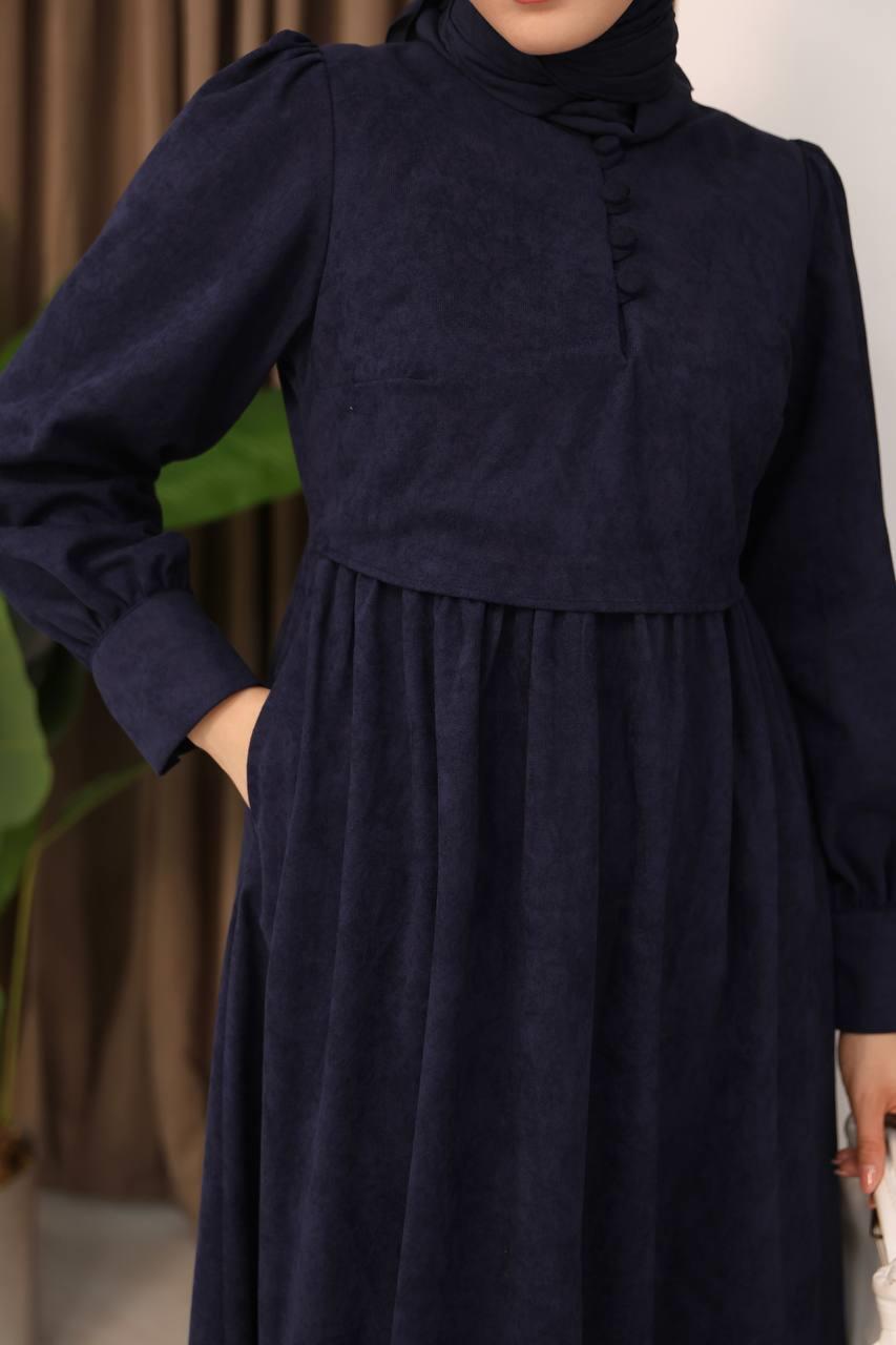 7072 Süet Düğmeli Elbise - Lacivert