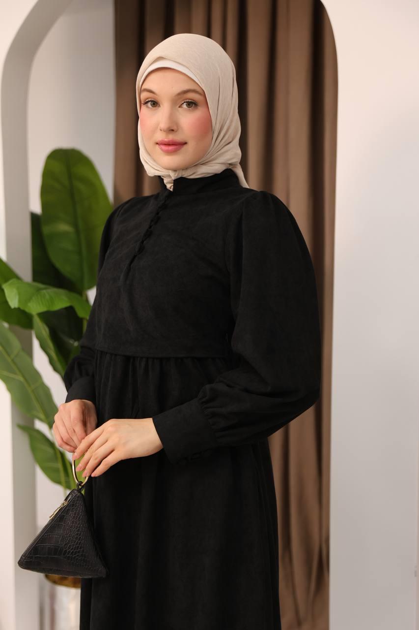7072 Süet Düğmeli Elbise - Siyah