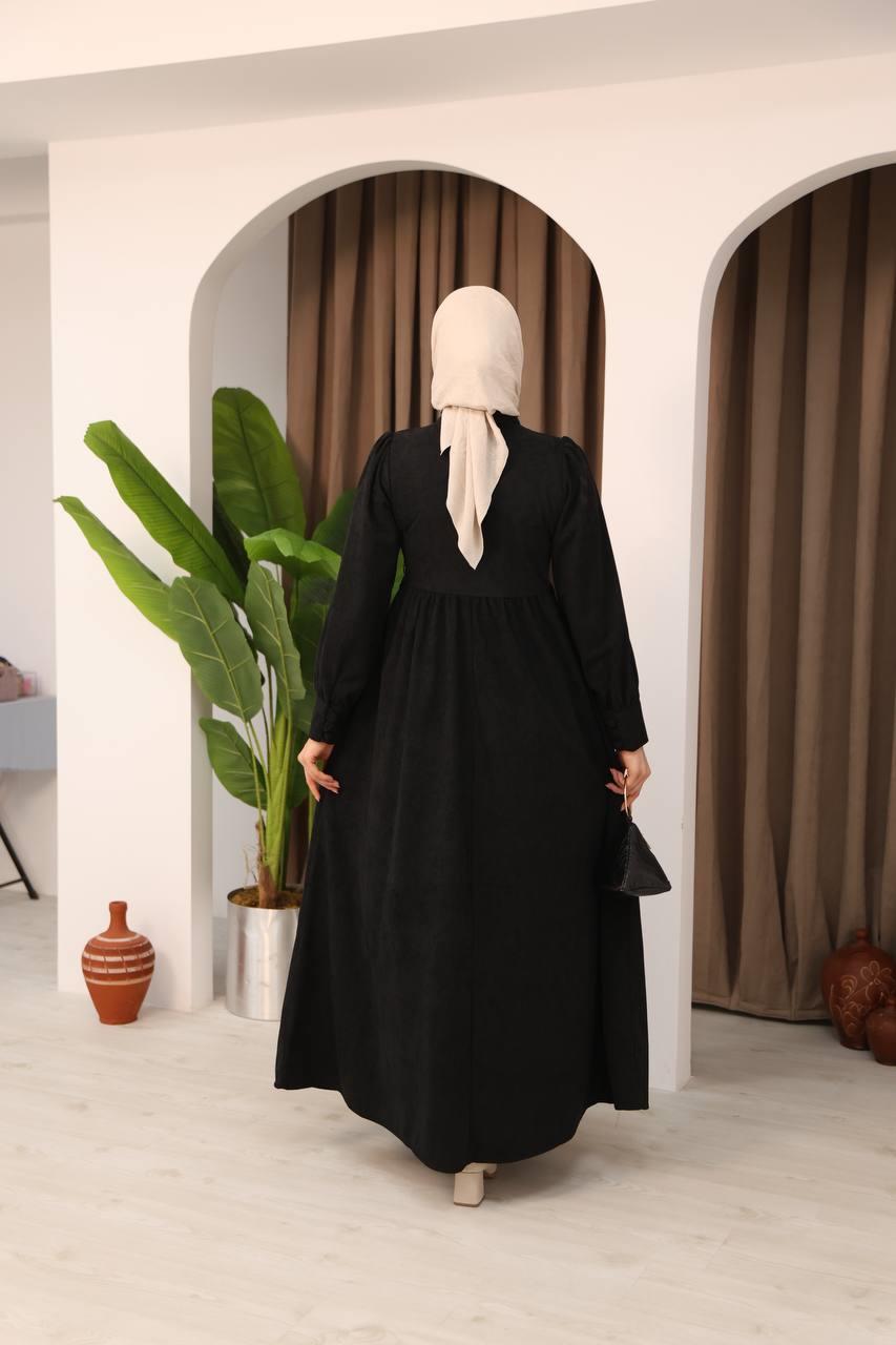 7072 Süet Düğmeli Elbise - Siyah