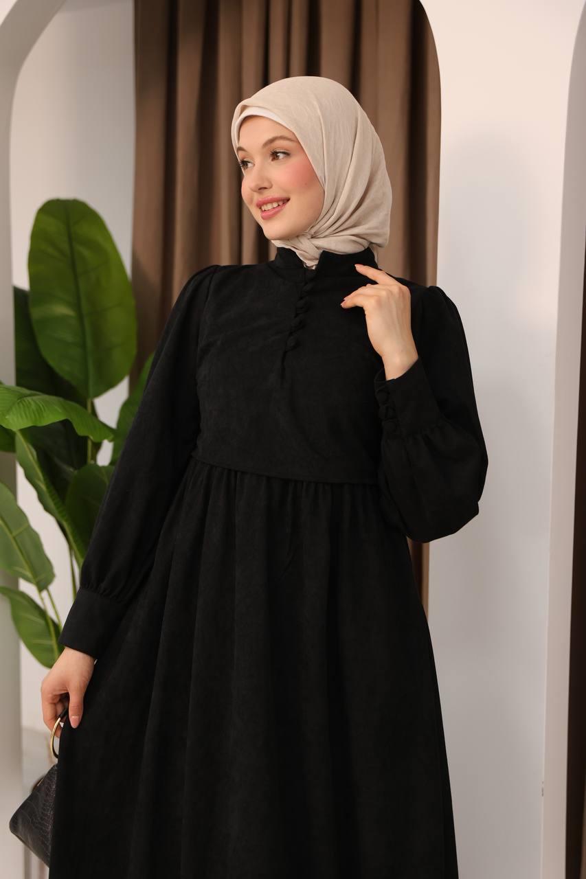 7072 Süet Düğmeli Elbise - Siyah