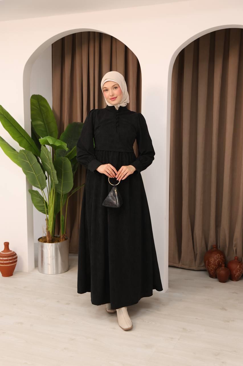 7072 Süet Düğmeli Elbise - Siyah