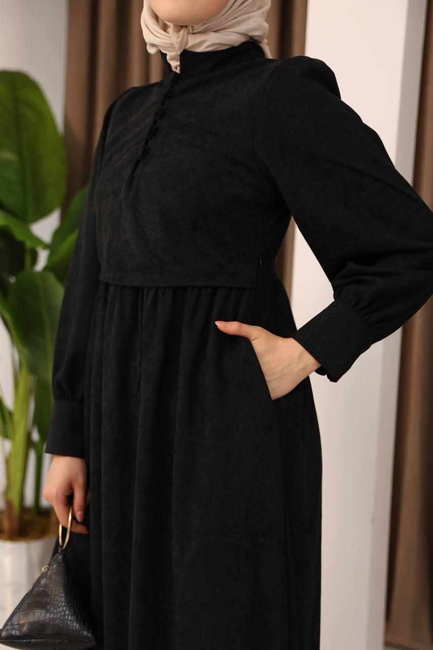 7072 Süet Düğmeli Elbise - Siyah