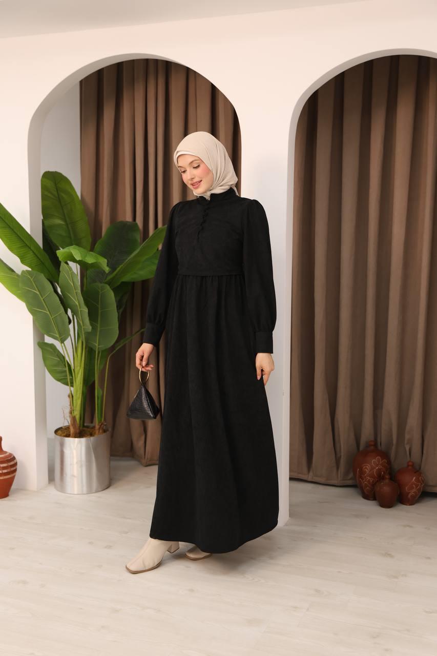 7072 Süet Düğmeli Elbise - Siyah