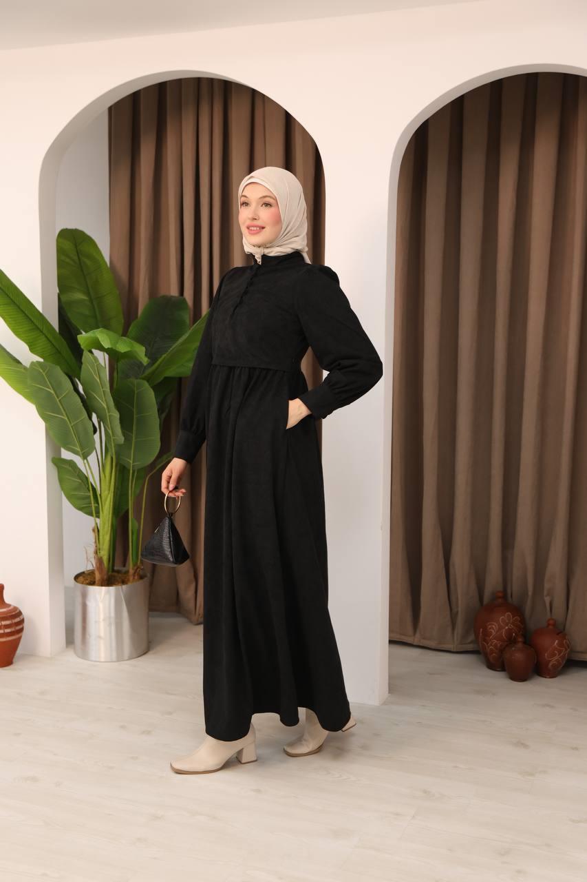 7072 Süet Düğmeli Elbise - Siyah