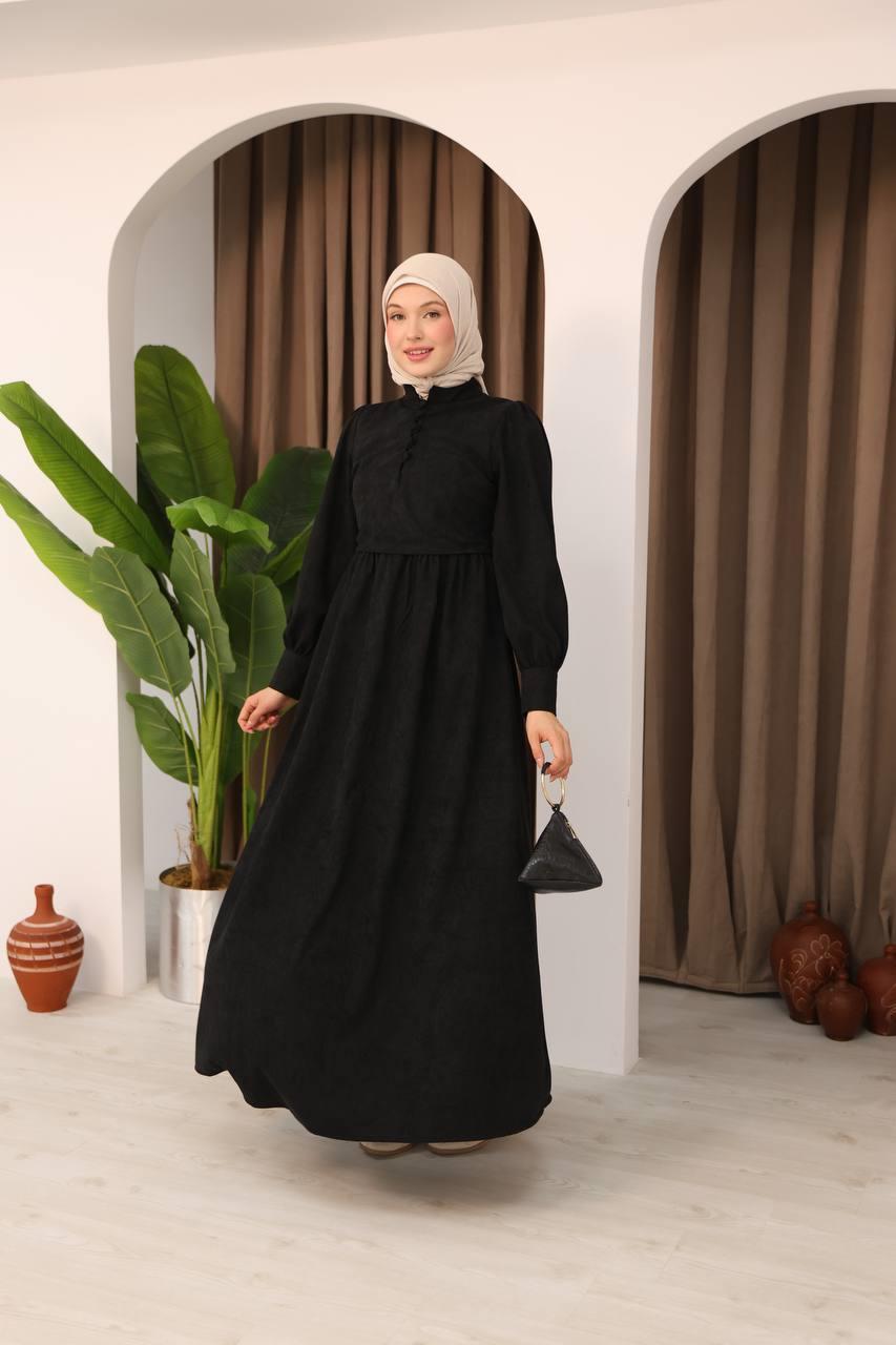 7072 Süet Düğmeli Elbise - Siyah