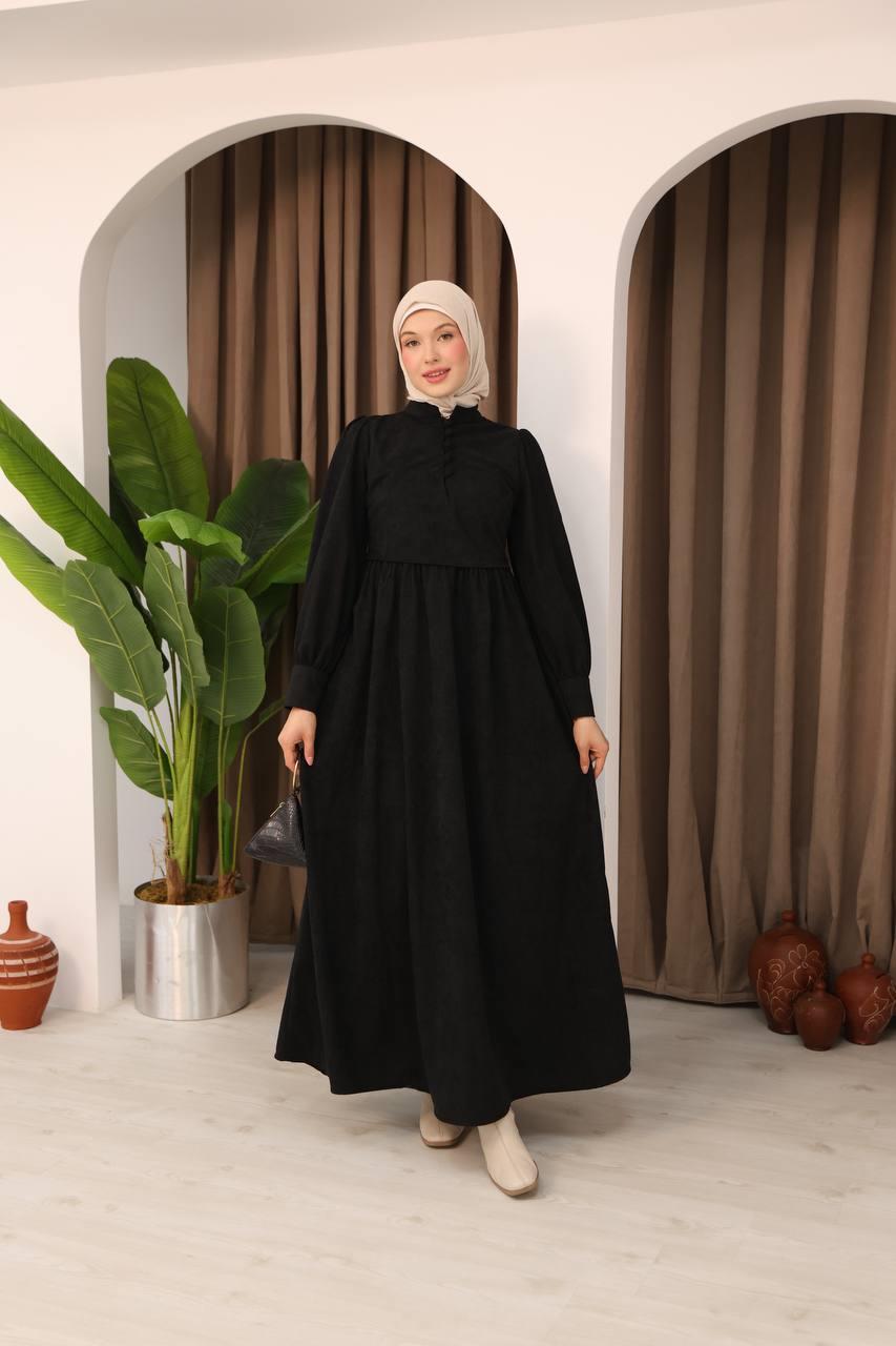 7072 Süet Düğmeli Elbise - Siyah