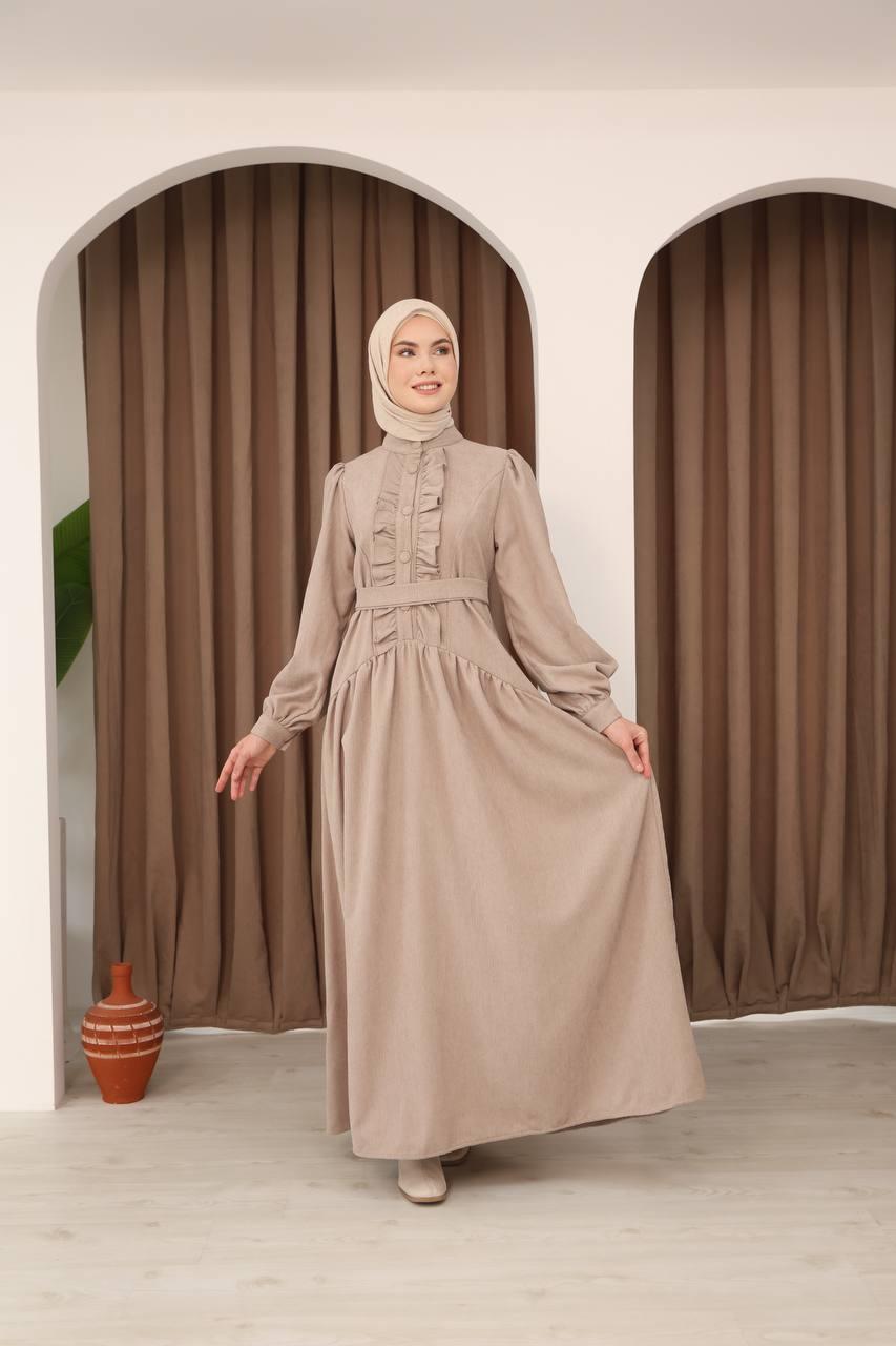 7074 Önü Düğmeli Fırfırlı Elbise - Bej