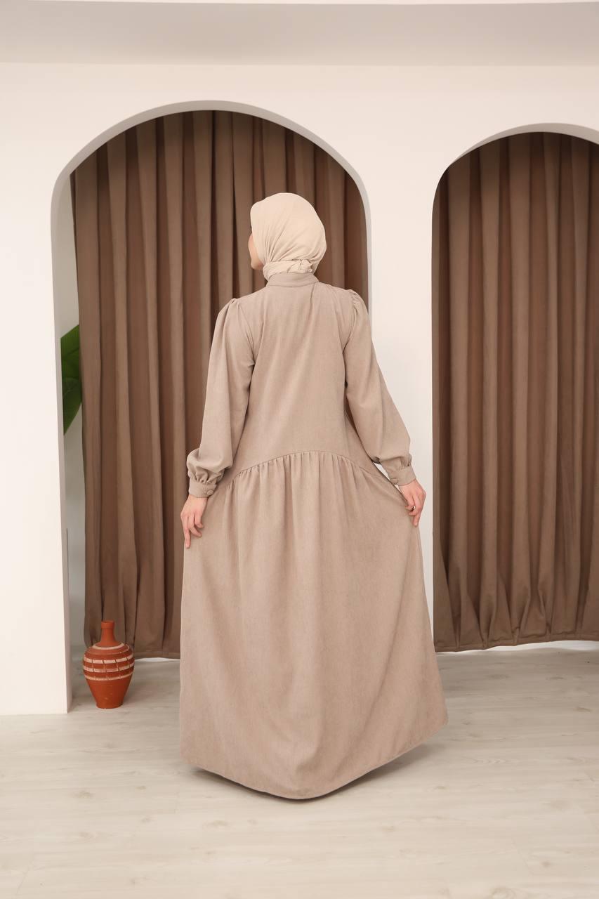 7074 Önü Düğmeli Fırfırlı Elbise - Bej