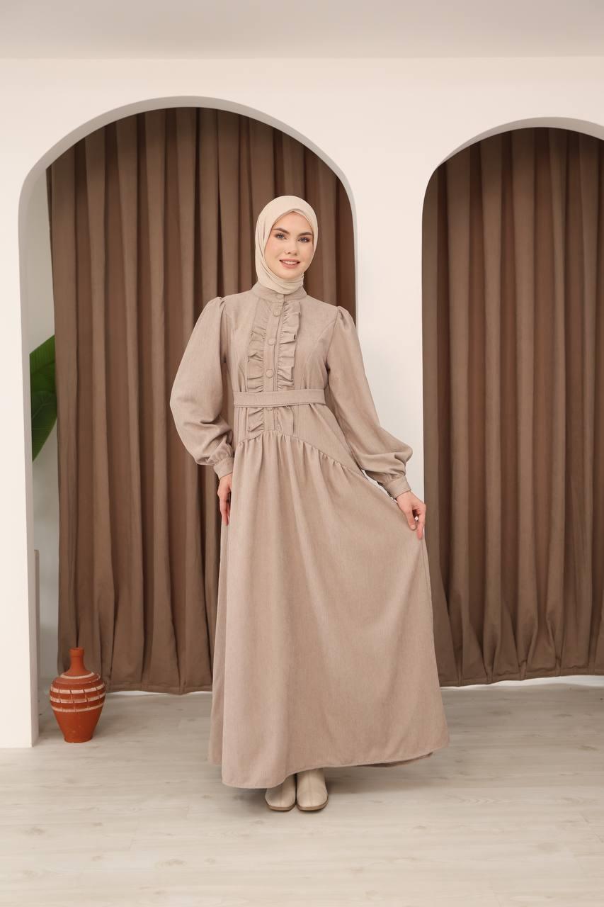 7074 Önü Düğmeli Fırfırlı Elbise - Bej