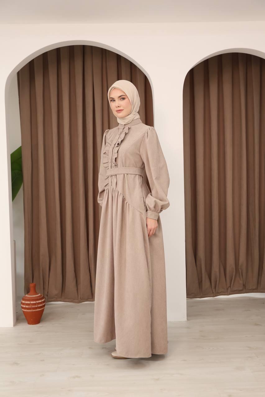 7074 Önü Düğmeli Fırfırlı Elbise - Bej