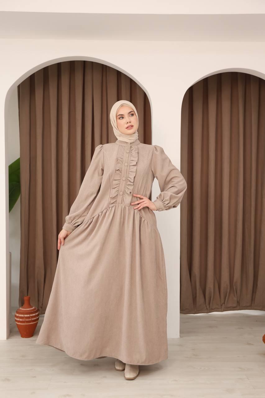 7074 Önü Düğmeli Fırfırlı Elbise - Bej