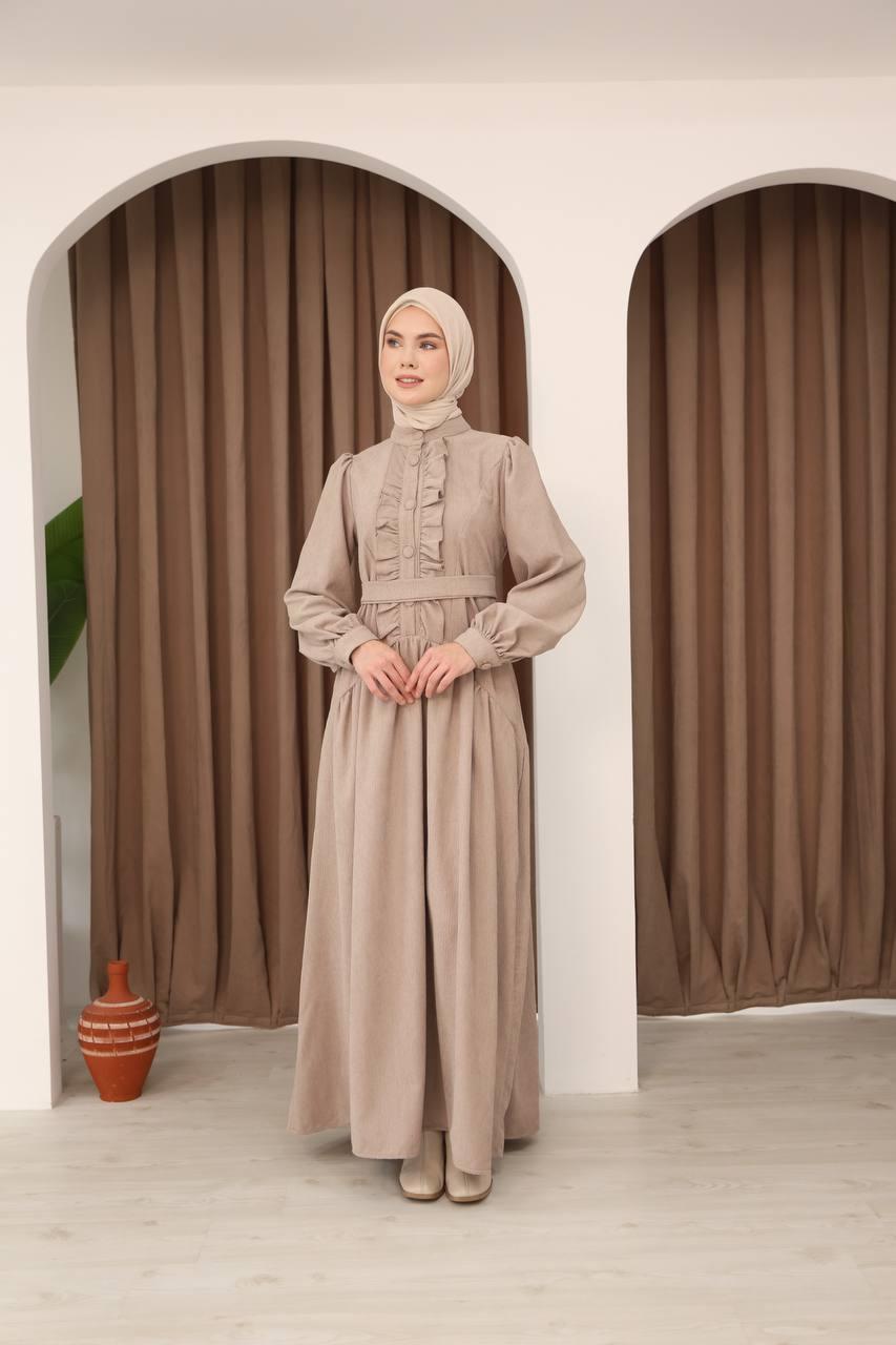 7074 Önü Düğmeli Fırfırlı Elbise - Bej