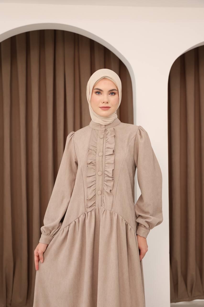 7074 Önü Düğmeli Fırfırlı Elbise - Bej