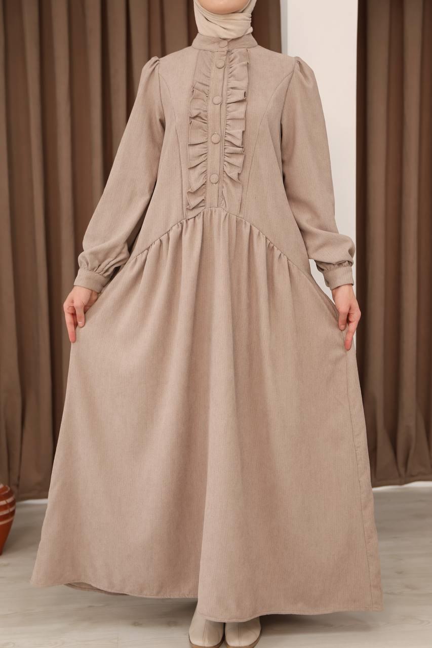 7074 Önü Düğmeli Fırfırlı Elbise - Bej