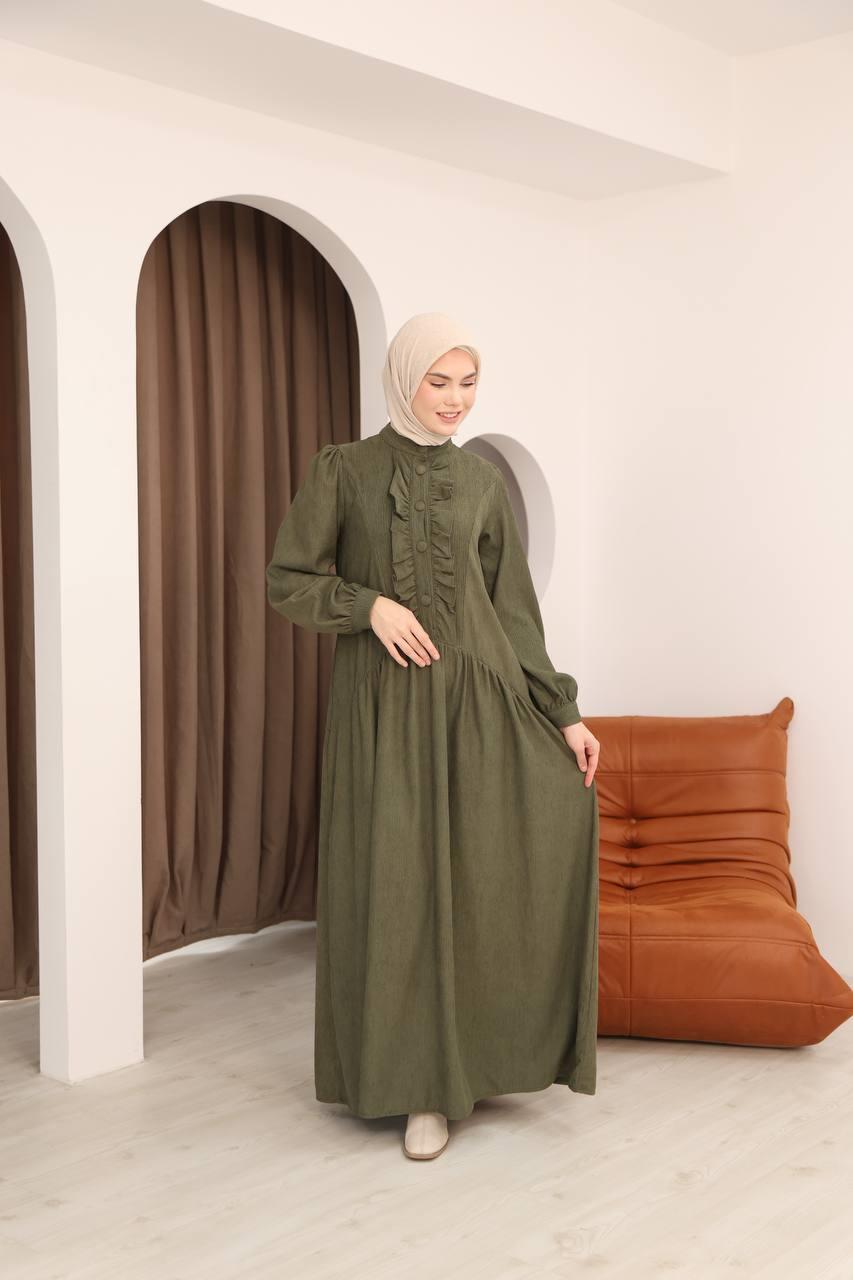 7074 Önü Düğmeli Fırfırlı Elbise - Haki