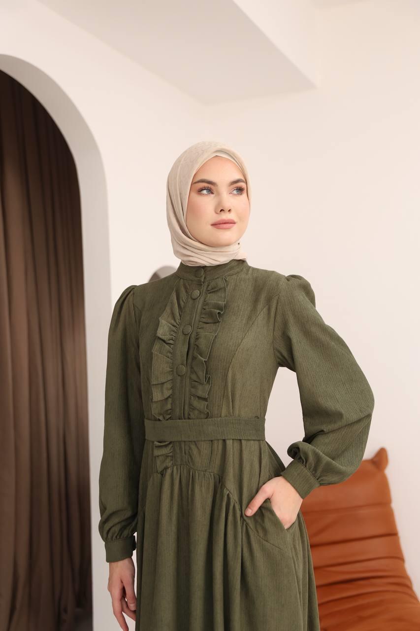 7074 Önü Düğmeli Fırfırlı Elbise - Haki