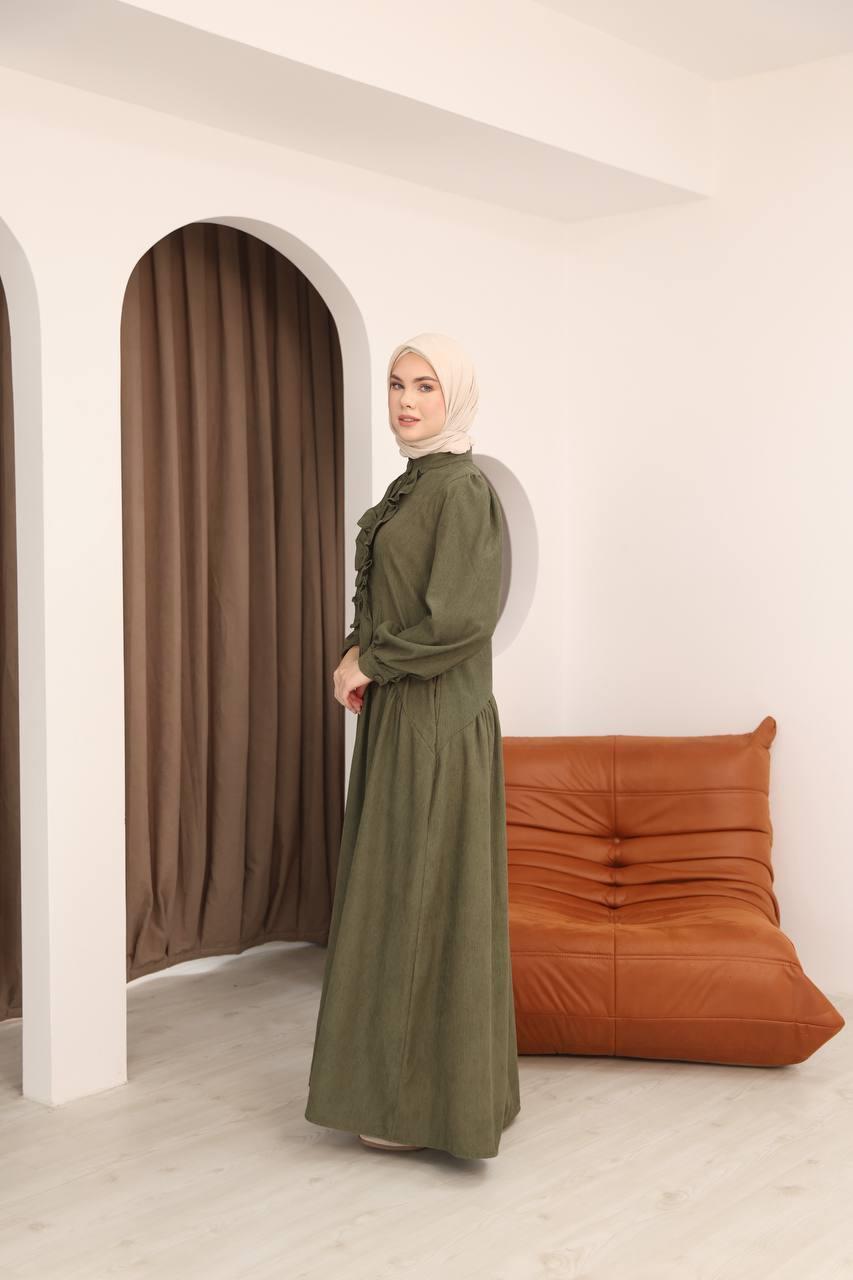 7074 Önü Düğmeli Fırfırlı Elbise - Haki