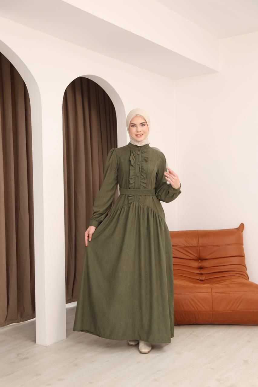 7074 Önü Düğmeli Fırfırlı Elbise - Haki