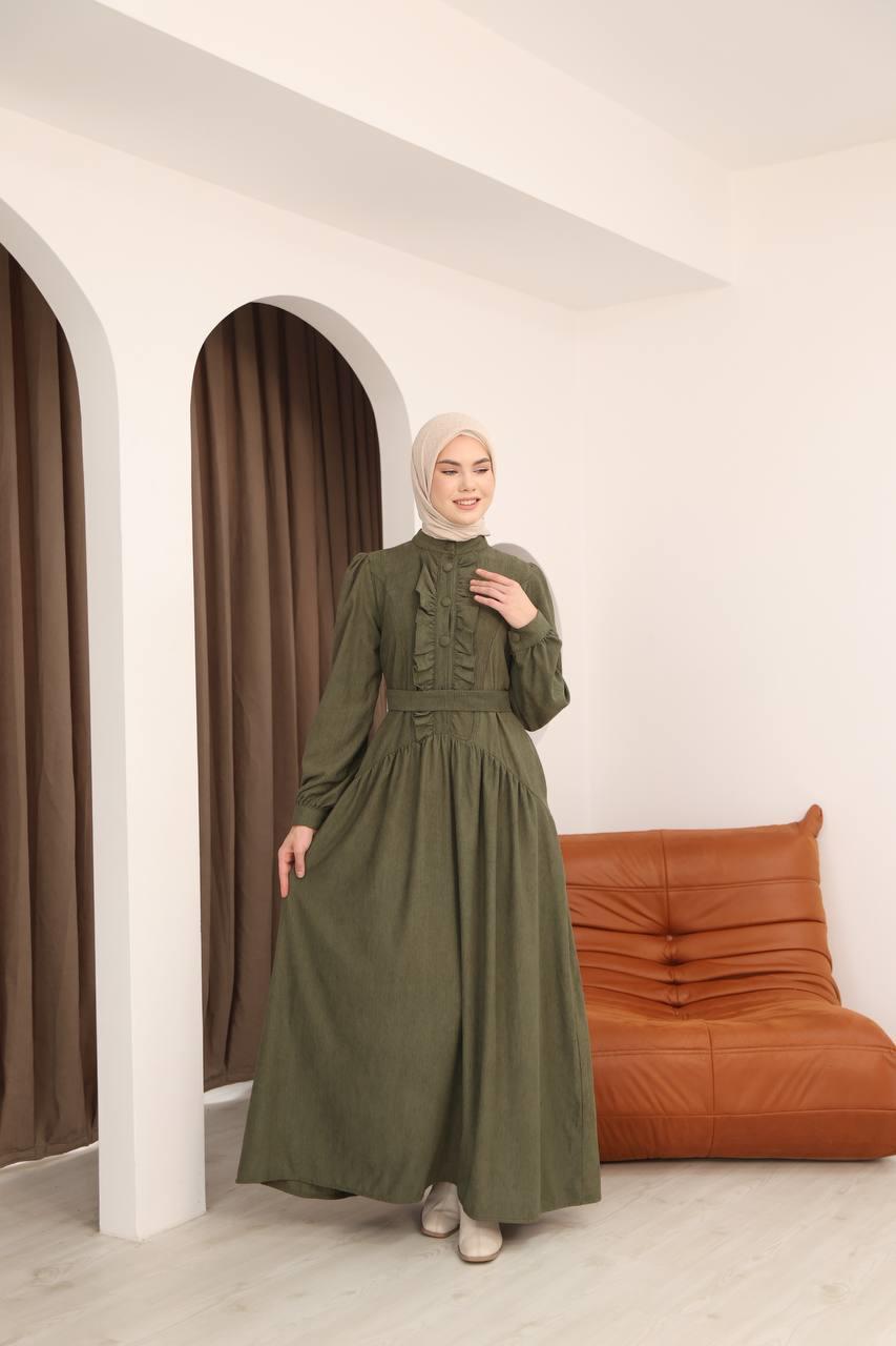 7074 Önü Düğmeli Fırfırlı Elbise - Haki