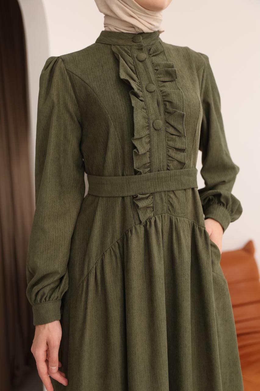 7074 Önü Düğmeli Fırfırlı Elbise - Haki