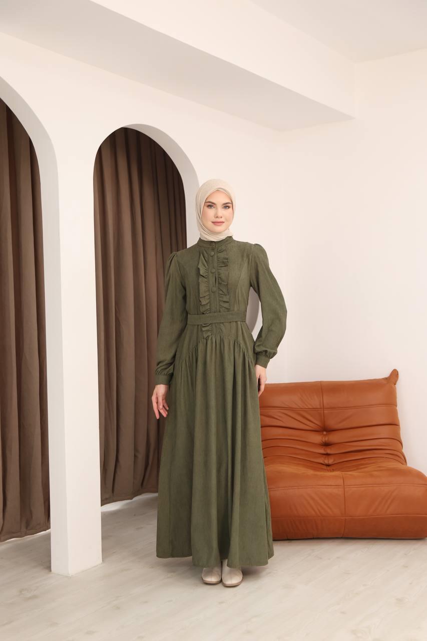 7074 Önü Düğmeli Fırfırlı Elbise - Haki
