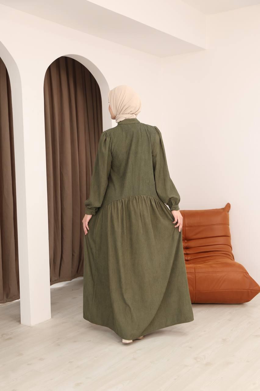 7074 Önü Düğmeli Fırfırlı Elbise - Haki