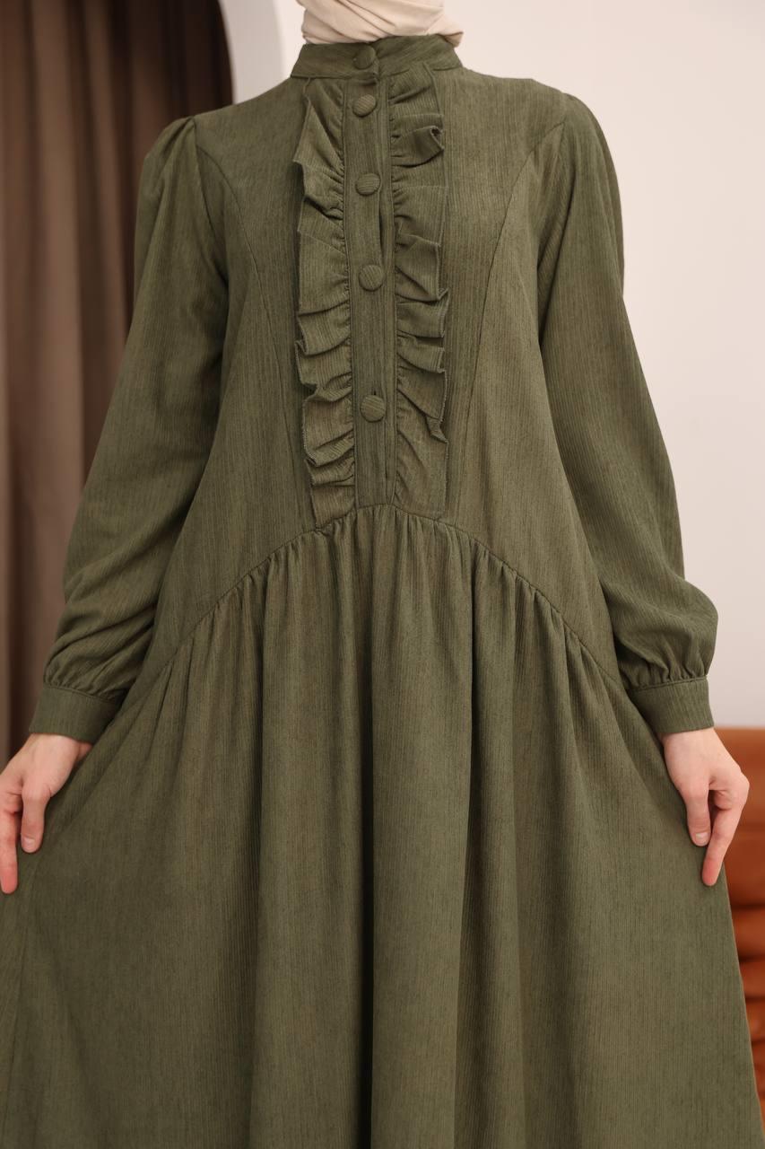 7074 Önü Düğmeli Fırfırlı Elbise - Haki