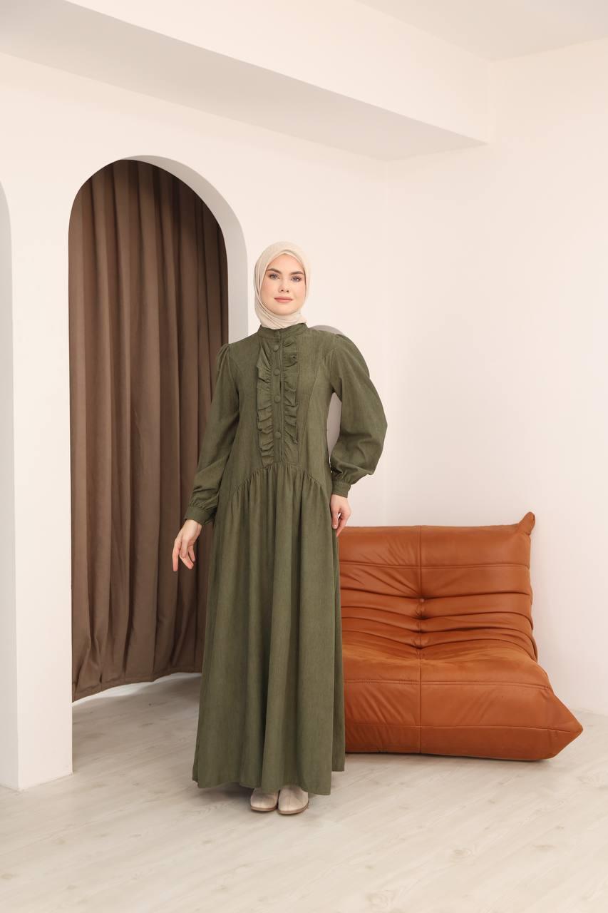 7074 Önü Düğmeli Fırfırlı Elbise - Haki