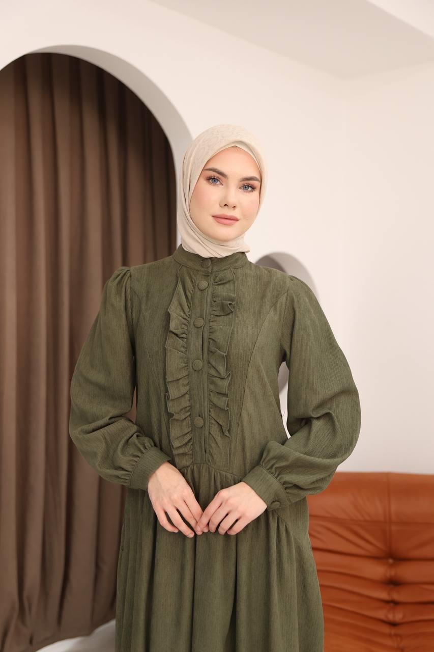 7074 Önü Düğmeli Fırfırlı Elbise - Haki