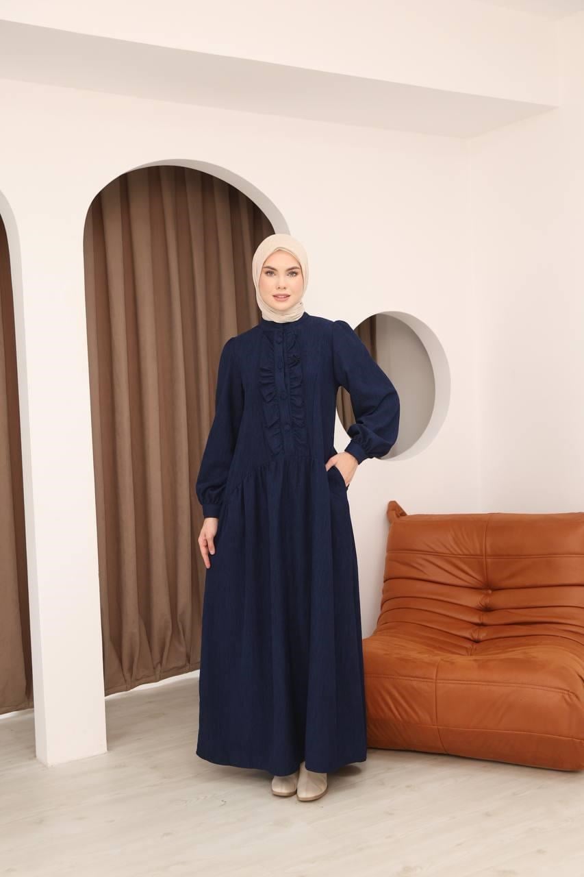 7074 Önü Düğmeli Fırfırlı Elbise - Lacivert
