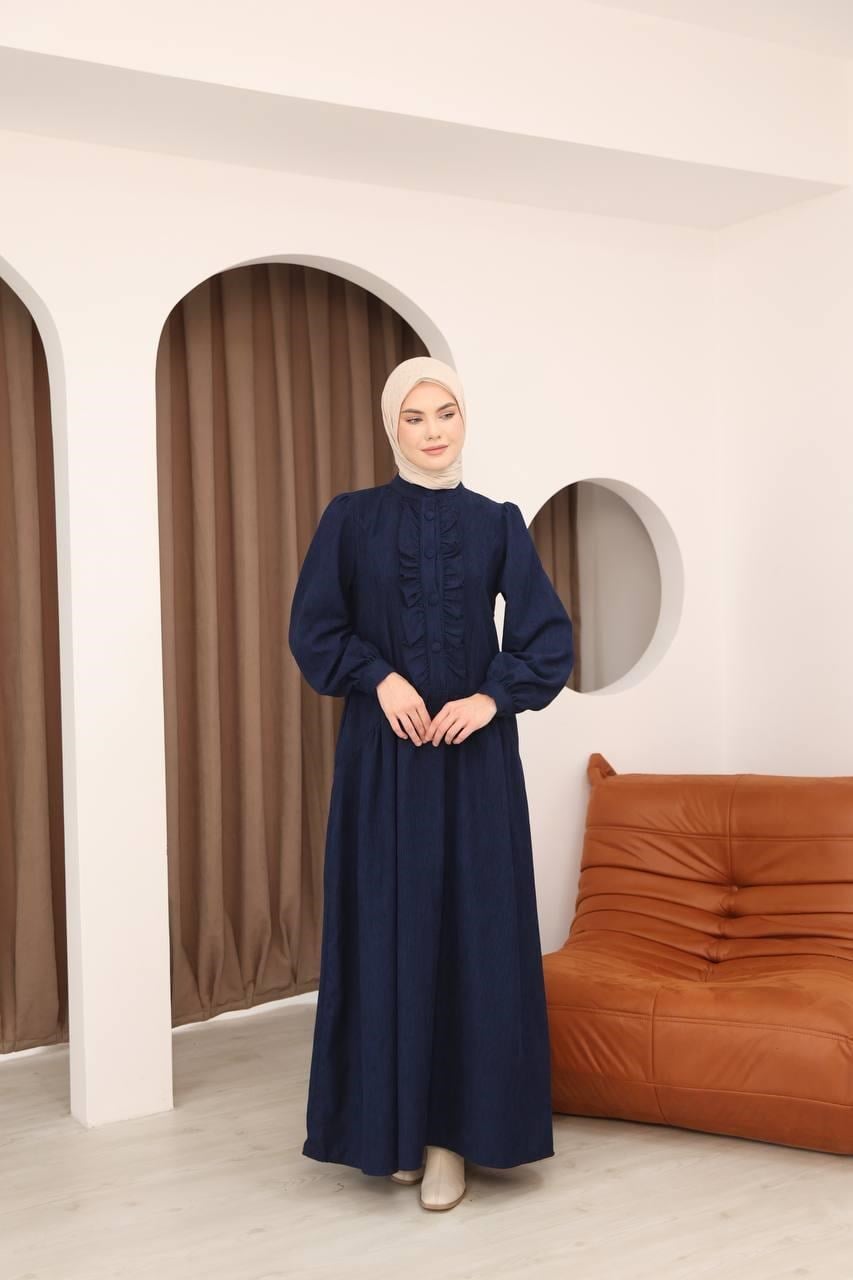 7074 Önü Düğmeli Fırfırlı Elbise - Lacivert