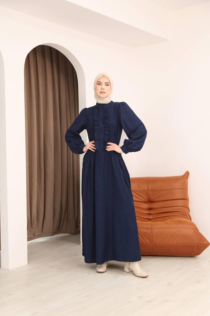 7074 Önü Düğmeli Fırfırlı Elbise - Lacivert