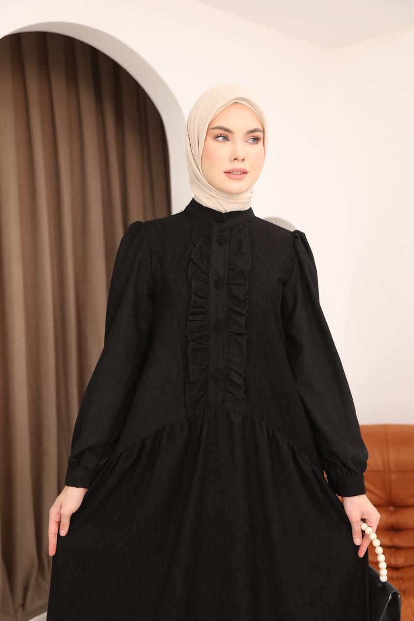 7074 Önü Düğmeli Fırfırlı Elbise - Siyah
