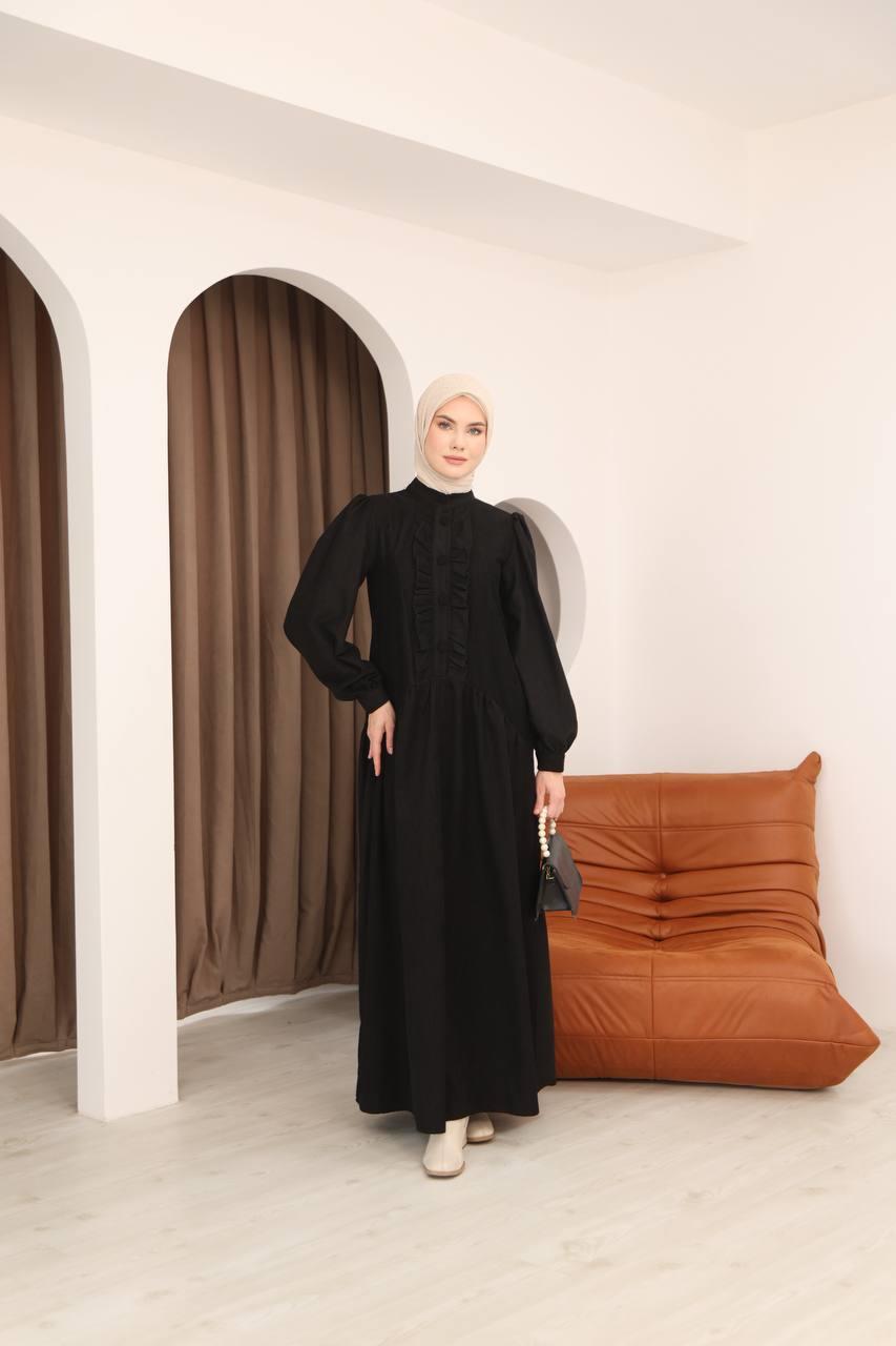 7074 Önü Düğmeli Fırfırlı Elbise - Siyah