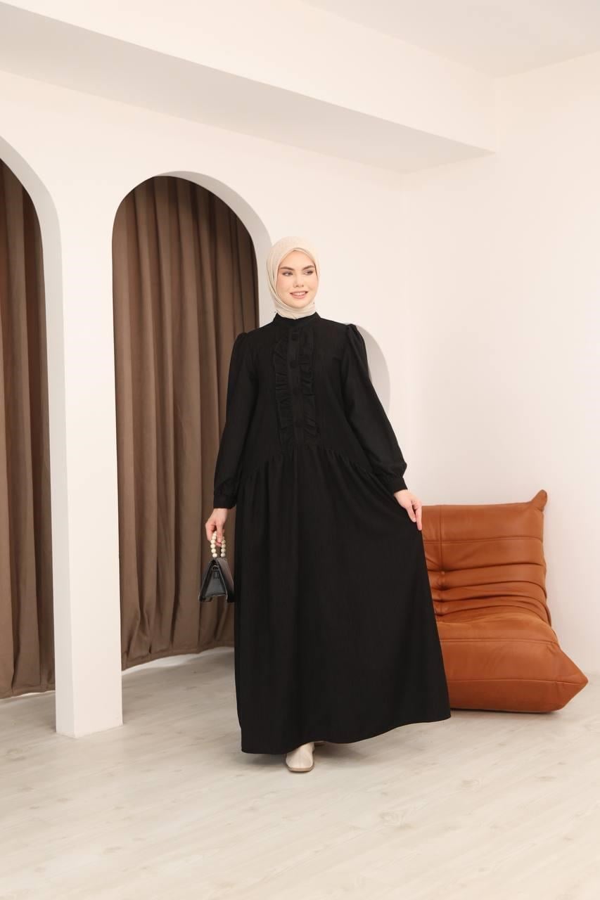 7074 Önü Düğmeli Fırfırlı Elbise - Siyah