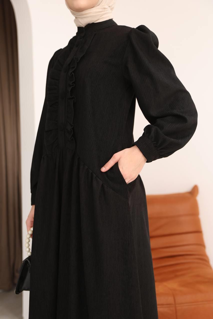 7074 Önü Düğmeli Fırfırlı Elbise - Siyah