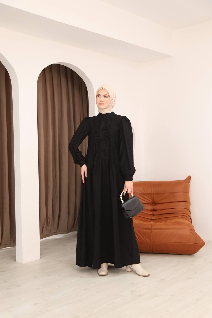 7074 Önü Düğmeli Fırfırlı Elbise - Siyah