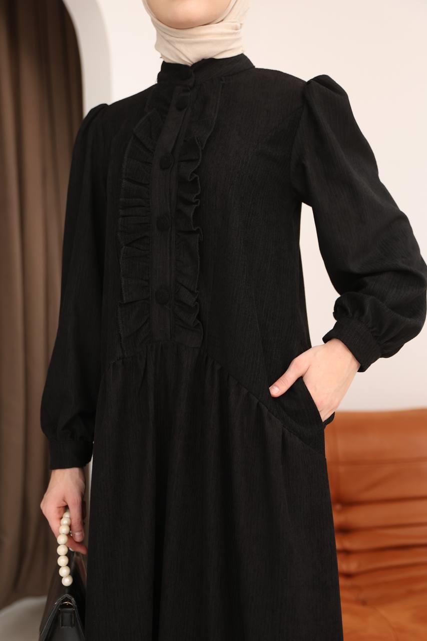 7074 Önü Düğmeli Fırfırlı Elbise - Siyah
