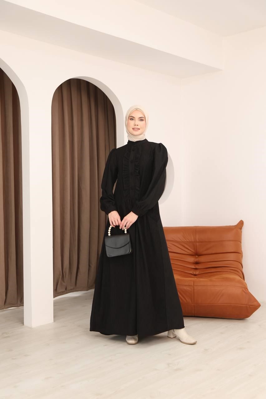 7074 Önü Düğmeli Fırfırlı Elbise - Siyah
