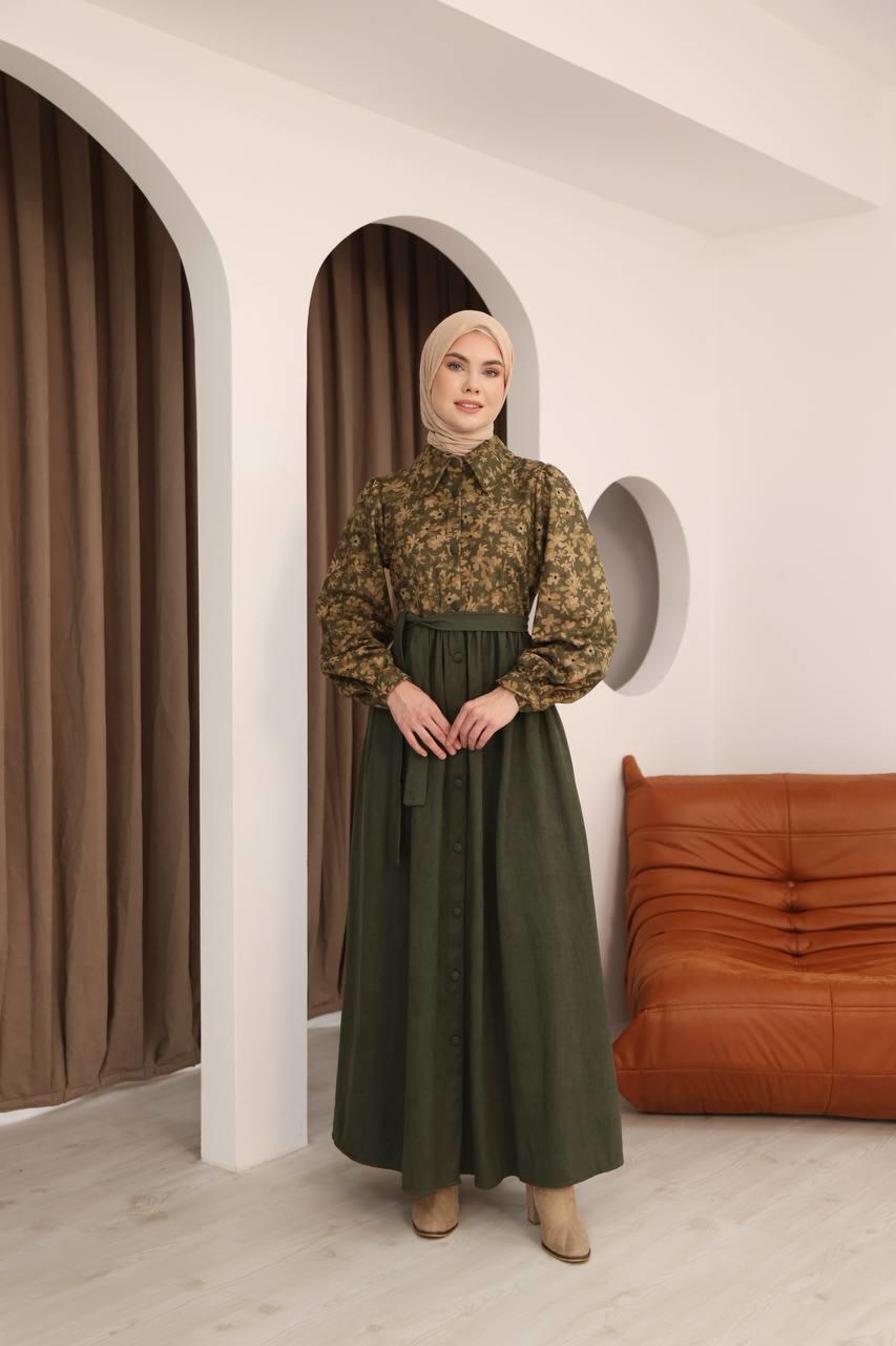 7076 Çiçek Desenli Elbise - Haki