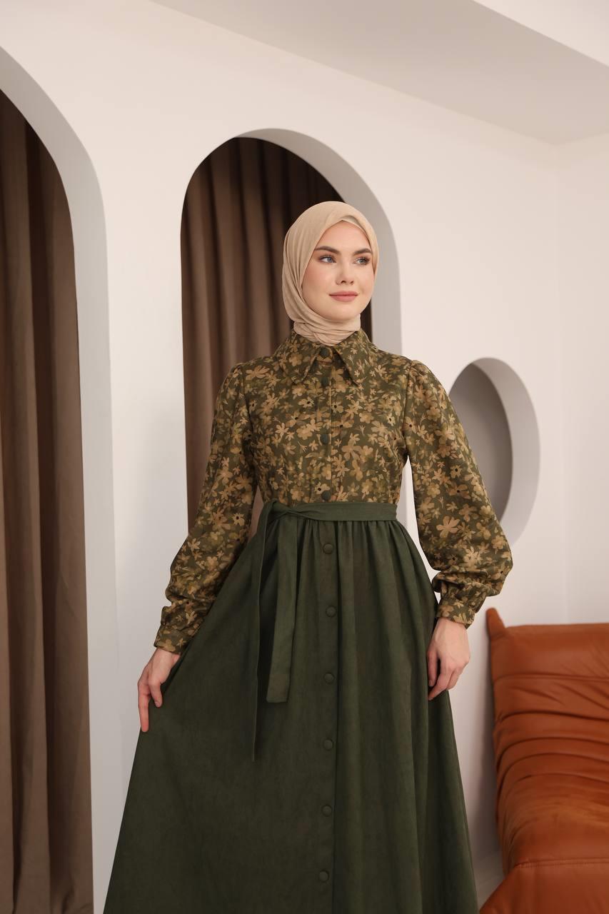 7076 Çiçek Desenli Elbise - Haki