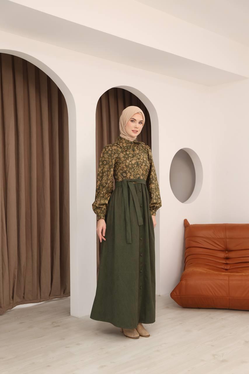 7076 Çiçek Desenli Elbise - Haki